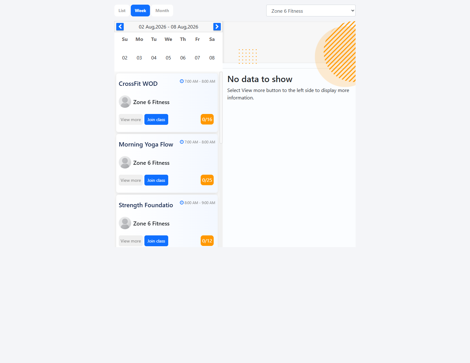 Public sessions calendar with Join class buttons