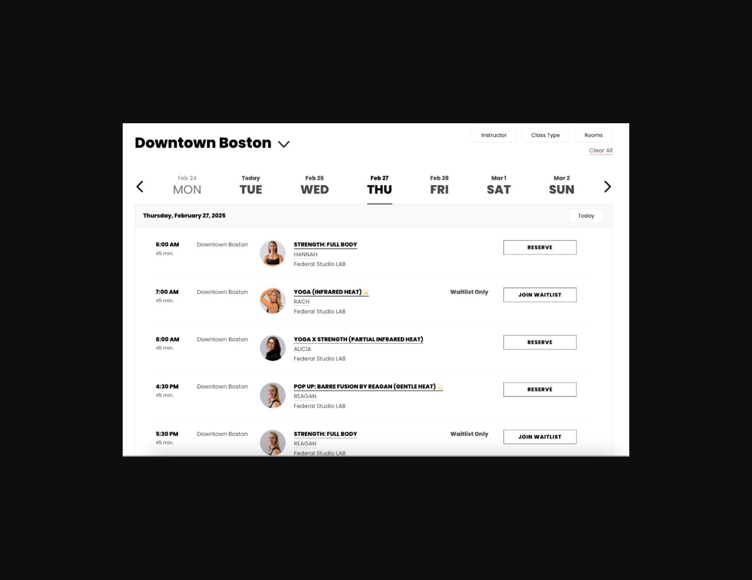 Mariana Tek public class schedule UI